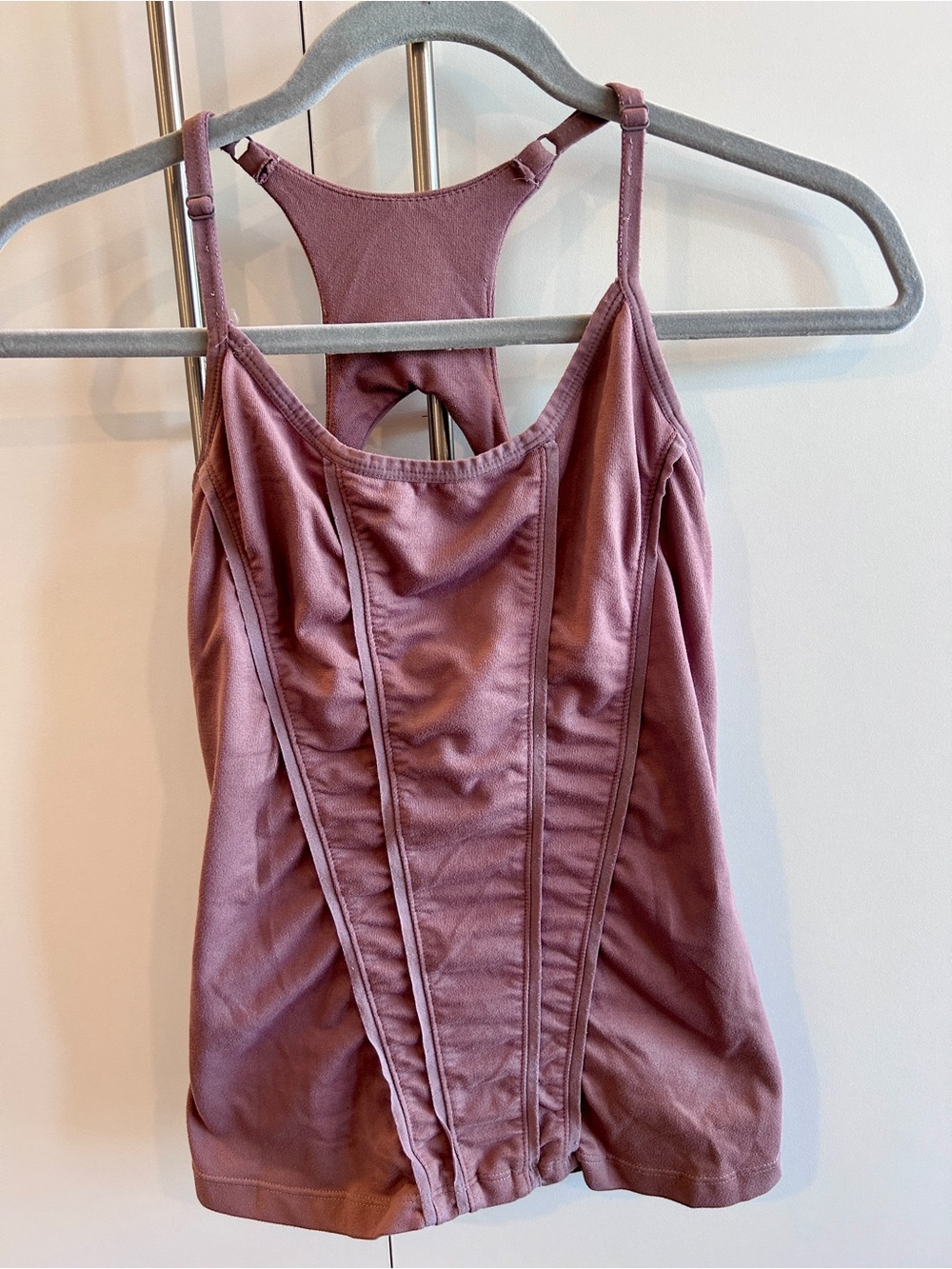 Prana Women’s Mauve Racerback Tank Top with Seamed Detail and built in bra.